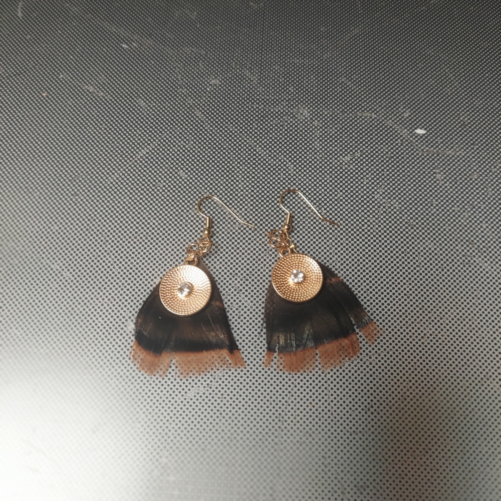 Black Feather Coin Rhinstone Earrings